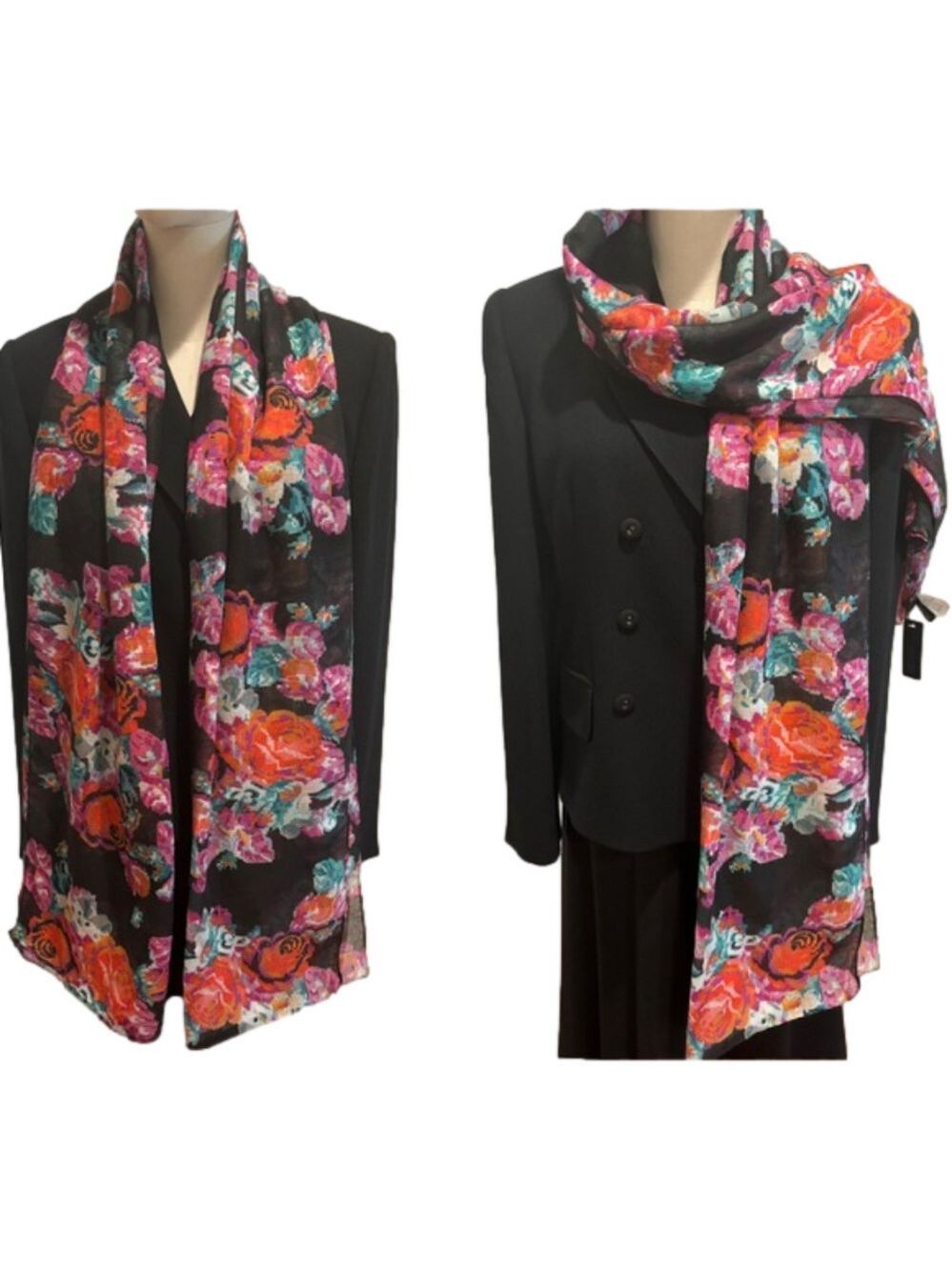 NWT FLORAL BLACK MULTI-COLOR ROSES SHEER LARGE SCARF APT 9 38.5" W X 74" L